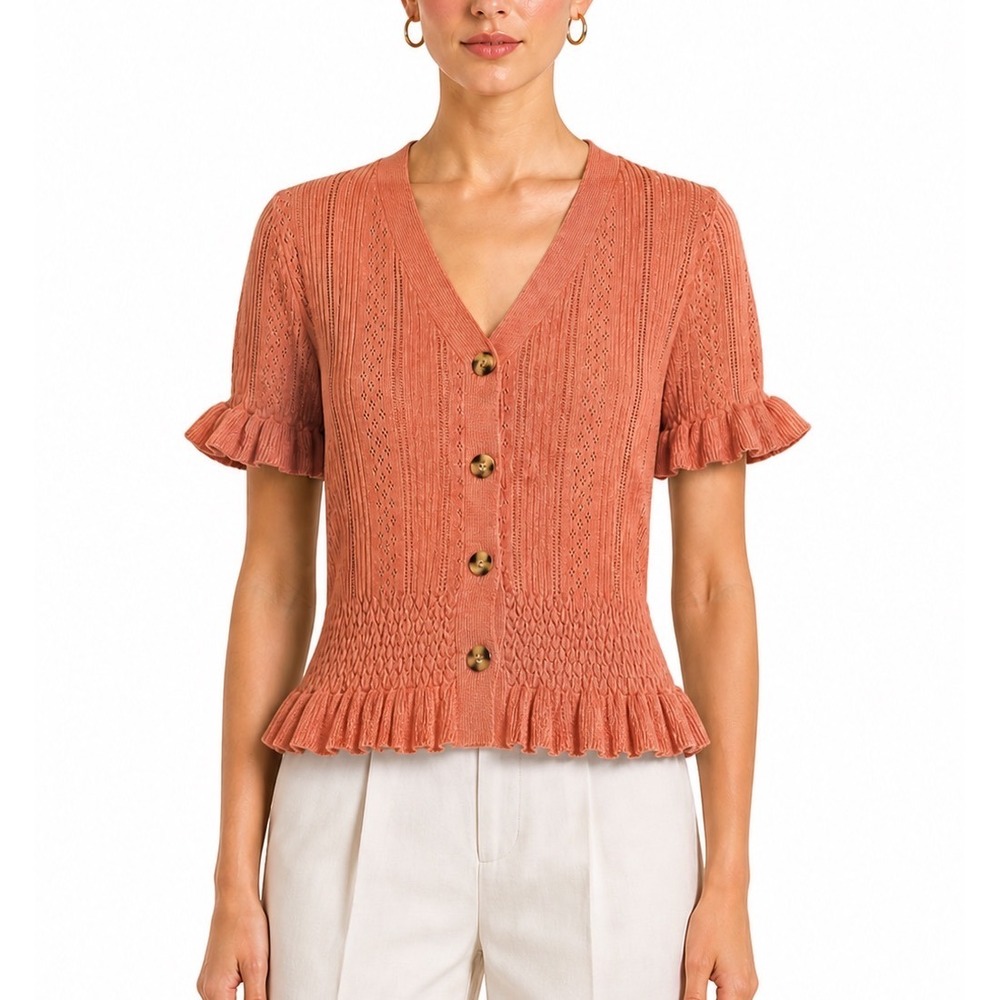 Celebrity Pink Pointelle Knit Ruffle Smocked Cardigan Cottage M 100% Cotton